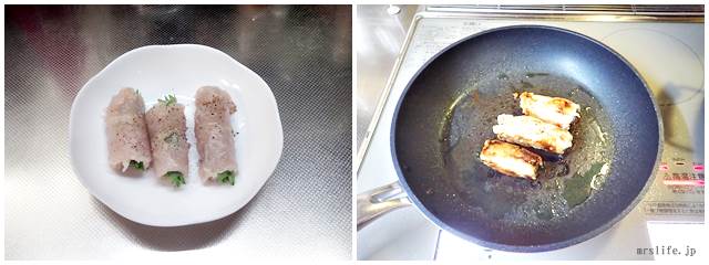 ささみの梅しそ巻きを焼いている様子